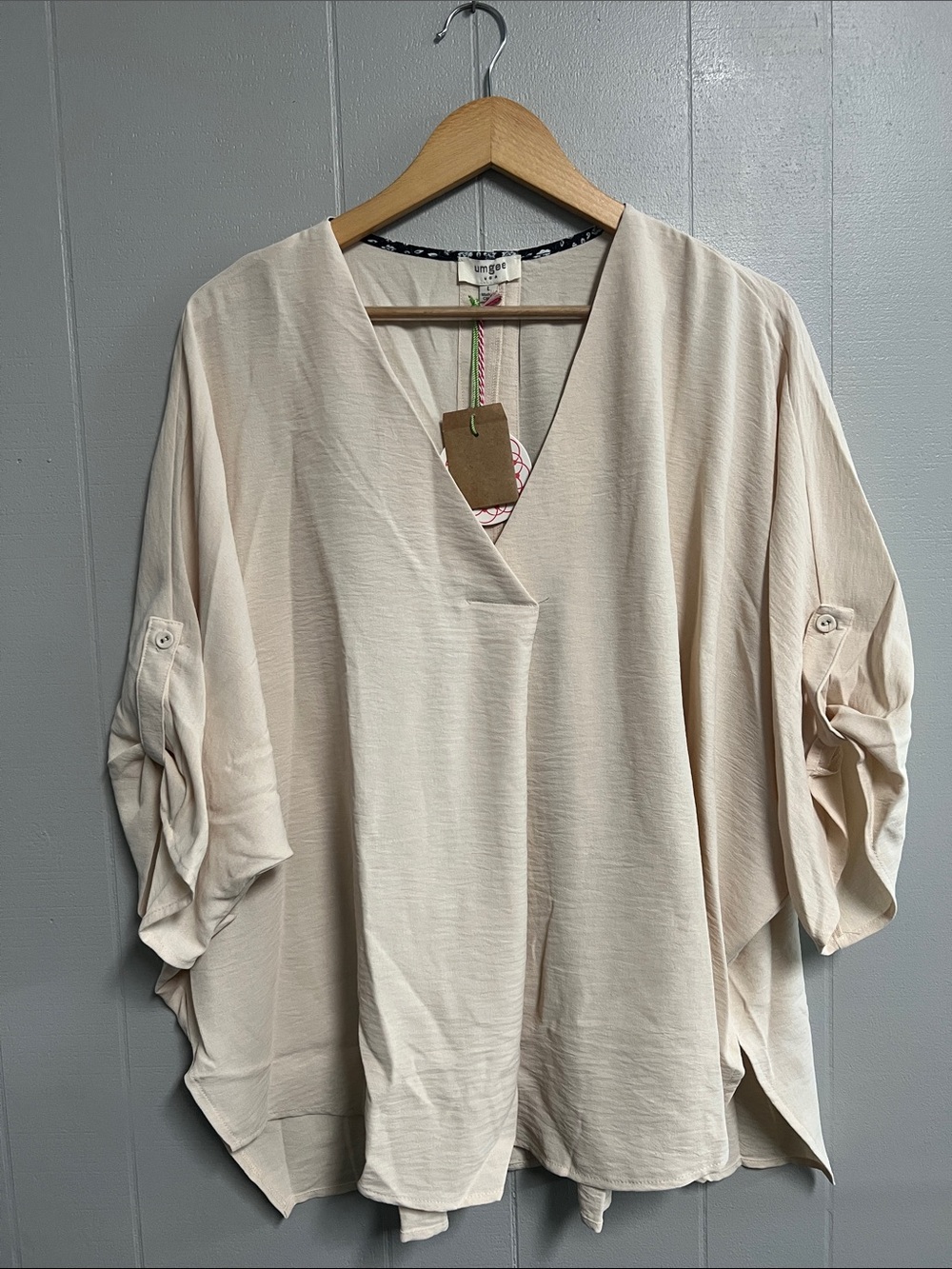 Umgee Light Beige V-Neck Tunic with Roll-Tab Sleeves